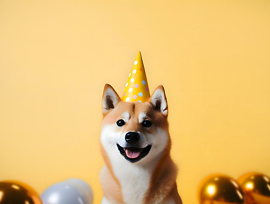 JPG 스튜디오촬영 편집이미지 한마리 반려견 실내 사람없음 노란색 고깔모자 축하 개 강아지 풍선 시바견 세계강아지의날 편집실사 AI포토 AI콘텐츠 모자_잡화 1 기념일 컬러 컨셉 포유류 내부 반려동물 CG 파일형식