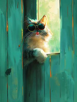 JPG 편집이미지 백그라운드 창문 표정 사람없음 초록색 선글라스 귀여움 고양이 디지털합성 호기심 편집소스 이미지편집 편집실사 AI컴퓨터그래픽 AI콘텐츠 감정 안경 컬러 컨셉 포유류 반려동물 CG 파일형식