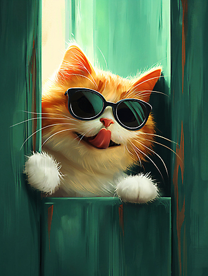 JPG 편집이미지 백그라운드 창문 표정 사람없음 초록색 선글라스 귀여움 고양이 디지털합성 호기심 편집소스 이미지편집 편집실사 AI컴퓨터그래픽 AI콘텐츠 감정 안경 컬러 컨셉 포유류 반려동물 CG 파일형식