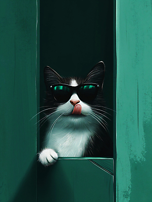 JPG 편집이미지 백그라운드 창문 표정 사람없음 초록색 선글라스 귀여움 고양이 디지털합성 호기심 편집소스 이미지편집 편집실사 AI컴퓨터그래픽 AI콘텐츠 감정 안경 컬러 컨셉 포유류 반려동물 CG 파일형식