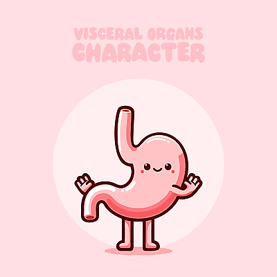 교육 분홍색 일러스트 의학 건강 웃음 사람없음 귀여움 소화기관 만화 손인사 위장 의학캐릭터 일러캐릭터 AI파일 캐릭터 컬러 컨셉 표정 인사 장기_의학 파일형식 벡터