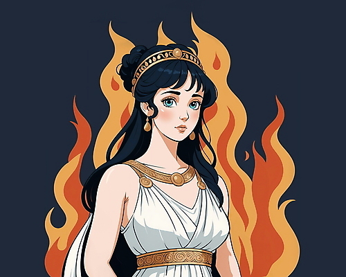 JPG 드레스 여자 일러스트 불꽃 왕관 한명 상반신 성인 뜨거움 신화 그리스로마신화 그리스신 여신 성인여자한명만 헤스티아 국내일러스트 AI일러스트 AI콘텐츠 1 옷 불 사람 신_종교 여자한명만 성인여자만 파일형식