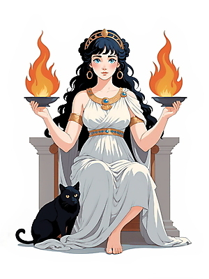 JPG 전신 드레스 여자 일러스트 불꽃 왕관 한명 들기 성인 고양이 뜨거움 신화 그리스로마신화 그리스신 여신 성인여자한명만 헤스티아 국내일러스트 AI일러스트 AI콘텐츠 1 옷 포유류 모션 불 사람 반려동물 신_종교 여자한명만 성인여자만 파일형식