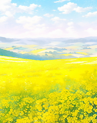 JPG 나무 구름 백그라운드 꽃밭 일러스트 하늘 풍경 사람없음 제주도 노란색 봄 유채 국내일러스트 AI일러스트 AI콘텐츠 자연요소 식물 계절 꽃 컬러 한국 파일형식