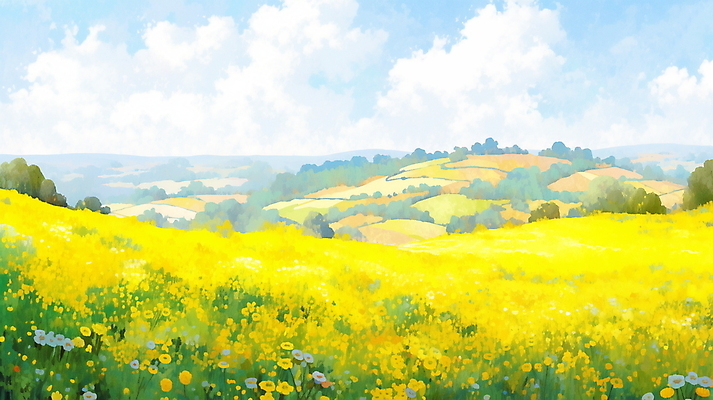 JPG 나무 구름 백그라운드 꽃밭 일러스트 하늘 풍경 사람없음 제주도 노란색 봄 유채 국내일러스트 AI일러스트 AI콘텐츠 자연요소 식물 계절 꽃 컬러 한국 파일형식