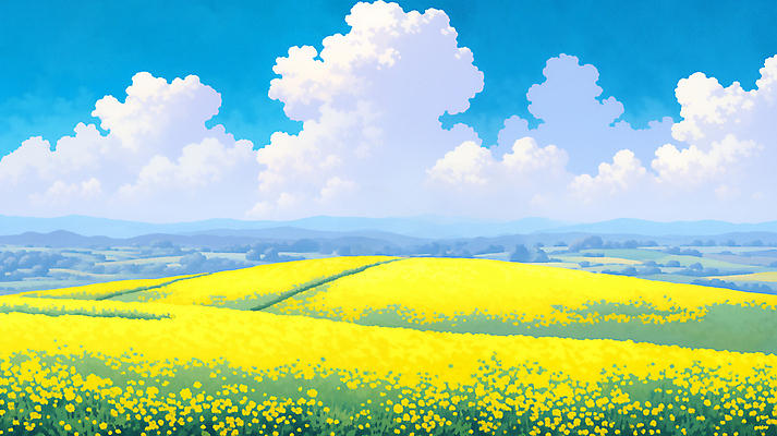 JPG 나무 구름 백그라운드 꽃밭 일러스트 하늘 풍경 사람없음 제주도 노란색 봄 유채 국내일러스트 AI일러스트 AI콘텐츠 자연요소 식물 계절 꽃 컬러 한국 파일형식