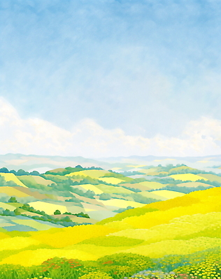 JPG 나무 구름 백그라운드 꽃밭 일러스트 하늘 풍경 사람없음 제주도 노란색 봄 유채 국내일러스트 AI일러스트 AI콘텐츠 자연요소 식물 계절 꽃 컬러 한국 파일형식