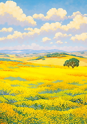 JPG 나무 구름 백그라운드 꽃밭 일러스트 하늘 풍경 사람없음 제주도 노란색 봄 유채 국내일러스트 AI일러스트 AI콘텐츠 자연요소 식물 계절 꽃 컬러 한국 파일형식