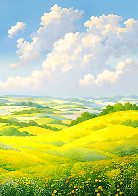 JPG 나무 구름 백그라운드 꽃밭 일러스트 하늘 풍경 사람없음 제주도 노란색 봄 유채 국내일러스트 AI일러스트 AI콘텐츠 자연요소 식물 계절 꽃 컬러 한국 파일형식