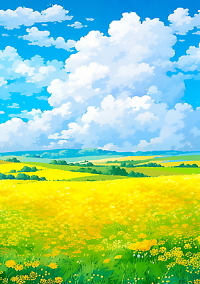 JPG 나무 구름 백그라운드 꽃밭 일러스트 하늘 풍경 사람없음 제주도 노란색 봄 유채 국내일러스트 AI일러스트 AI콘텐츠 자연요소 식물 계절 꽃 컬러 한국 파일형식