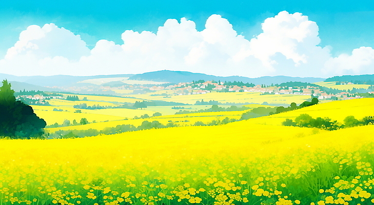 JPG 나무 구름 백그라운드 꽃밭 일러스트 하늘 풍경 사람없음 제주도 노란색 마을 봄 유채 국내일러스트 AI일러스트 AI콘텐츠 자연요소 식물 계절 꽃 컬러 한국 파일형식