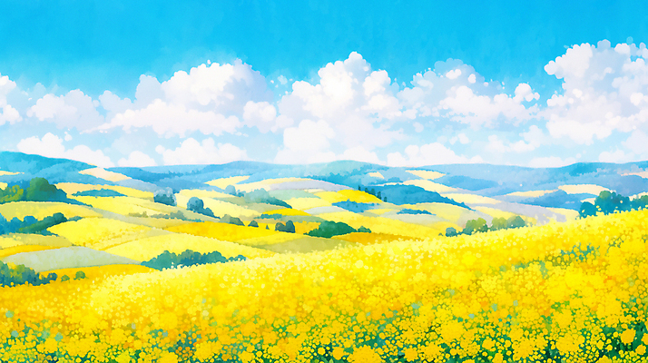 JPG 나무 구름 백그라운드 꽃밭 일러스트 하늘 풍경 사람없음 제주도 노란색 봄 유채 국내일러스트 AI일러스트 AI콘텐츠 자연요소 식물 계절 꽃 컬러 한국 파일형식