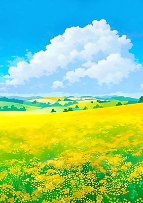 JPG 나무 구름 백그라운드 꽃밭 일러스트 하늘 풍경 사람없음 제주도 노란색 봄 유채 국내일러스트 AI일러스트 AI콘텐츠 자연요소 식물 계절 꽃 컬러 한국 파일형식
