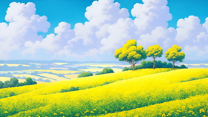 JPG 나무 구름 백그라운드 꽃밭 일러스트 하늘 풍경 사람없음 제주도 노란색 봄 유채 국내일러스트 AI일러스트 AI콘텐츠 자연요소 식물 계절 꽃 컬러 한국 파일형식