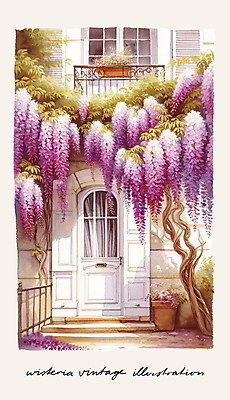 PSD 일러스트 창문 주택 사람없음 문 계단 보라색 낭만 빈티지 분위기 등나무 국내일러스트 나무 컬러 컨셉 건물 파일형식