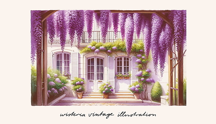PSD 일러스트 주택 사람없음 문 보라색 낭만 발코니 빈티지 분위기 등나무 국내일러스트 나무 컬러 컨셉 건물 파일형식