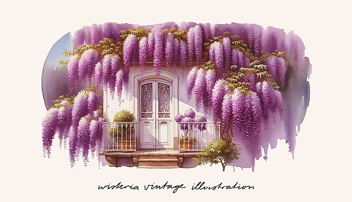 PSD 일러스트 주택 사람없음 문 보라색 낭만 발코니 빈티지 분위기 등나무 국내일러스트 나무 컬러 컨셉 건물 파일형식