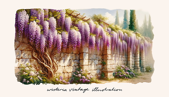 PSD 꽃 벽 일러스트 사람없음 담장 보라색 낭만 빈티지 분위기 덩쿨나무 등나무 국내일러스트 나무 식물 컬러 컨셉 파일형식