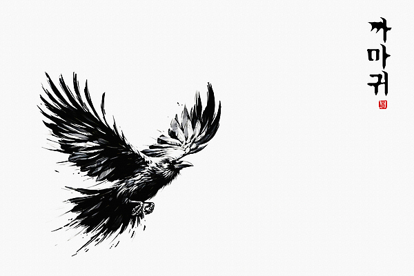 JPG 한마리 일러스트 붓터치 수묵화 한글 사람없음 도장 검은색 비행 동양화 역동적 날갯짓 까마귀 국내일러스트 AI일러스트 AI콘텐츠 문자 1 컬러 컨셉 조류 미술 파일형식