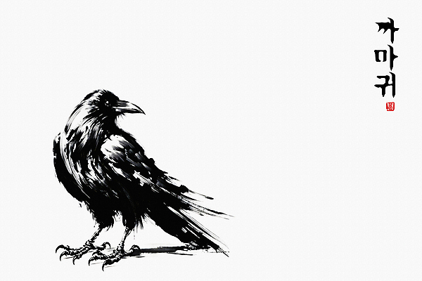 JPG 한마리 일러스트 붓터치 수묵화 한글 사람없음 도장 검은색 동양화 역동적 까마귀 국내일러스트 AI일러스트 AI콘텐츠 문자 1 컬러 컨셉 조류 미술 파일형식