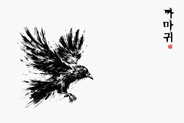 JPG 한마리 일러스트 붓터치 수묵화 한글 사람없음 도장 검은색 비행 동양화 역동적 날갯짓 까마귀 국내일러스트 AI일러스트 AI콘텐츠 문자 1 컬러 컨셉 조류 미술 파일형식