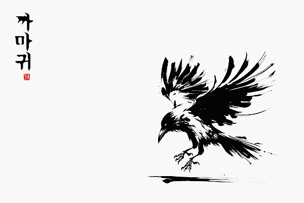 JPG 한마리 일러스트 붓터치 수묵화 한글 사람없음 도장 검은색 비행 동양화 역동적 날갯짓 까마귀 국내일러스트 AI일러스트 AI콘텐츠 문자 1 컬러 컨셉 조류 미술 파일형식