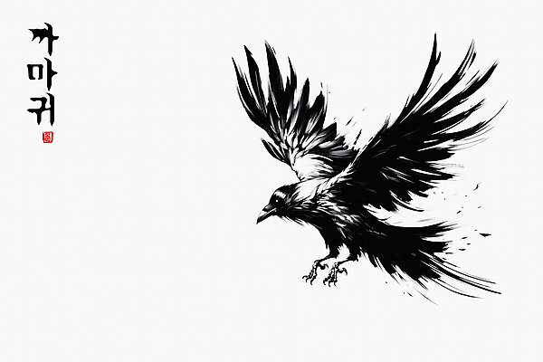 JPG 한마리 일러스트 붓터치 수묵화 한글 사람없음 도장 검은색 비행 동양화 역동적 날갯짓 까마귀 국내일러스트 AI일러스트 AI콘텐츠 문자 1 컬러 컨셉 조류 미술 파일형식