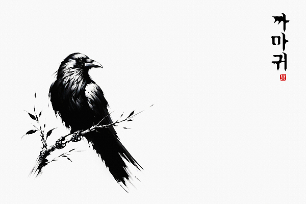 JPG 한마리 일러스트 붓터치 수묵화 한글 사람없음 도장 검은색 동양화 역동적 까마귀 국내일러스트 AI일러스트 AI콘텐츠 문자 1 컬러 컨셉 조류 미술 파일형식