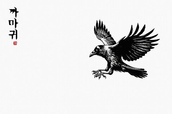 JPG 한마리 일러스트 붓터치 수묵화 한글 사람없음 도장 검은색 비행 동양화 역동적 날갯짓 까마귀 국내일러스트 AI일러스트 AI콘텐츠 문자 1 컬러 컨셉 조류 미술 파일형식