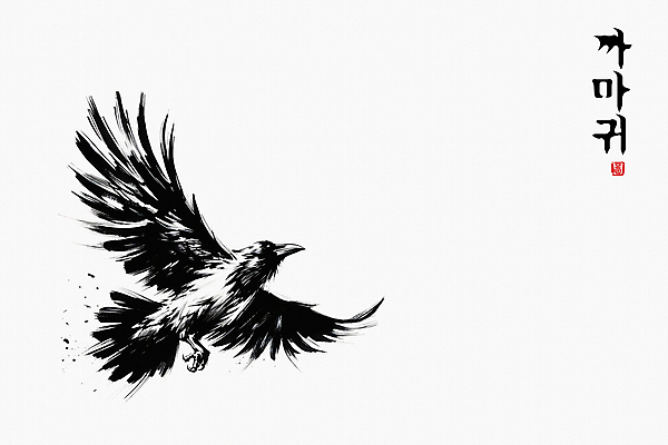 JPG 한마리 일러스트 붓터치 수묵화 한글 사람없음 도장 검은색 비행 동양화 역동적 날갯짓 까마귀 국내일러스트 AI일러스트 AI콘텐츠 문자 1 컬러 컨셉 조류 미술 파일형식