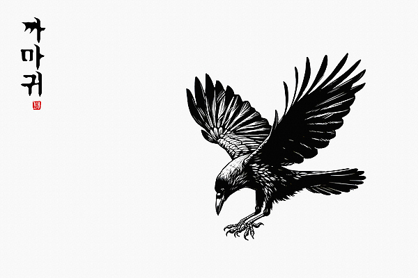 JPG 한마리 일러스트 붓터치 수묵화 한글 사람없음 도장 검은색 비행 동양화 역동적 날갯짓 까마귀 국내일러스트 AI일러스트 AI콘텐츠 문자 1 컬러 컨셉 조류 미술 파일형식