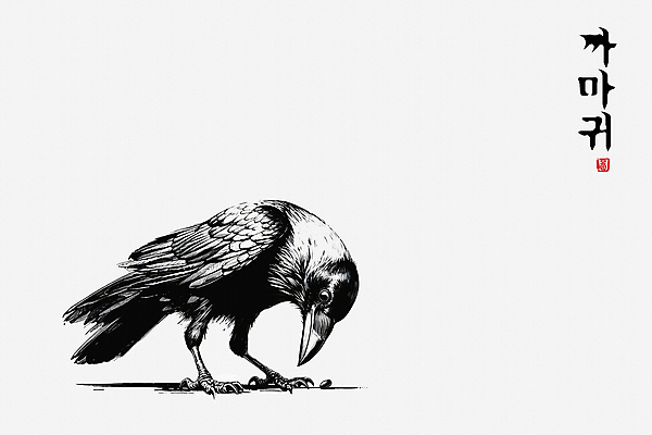 JPG 한마리 일러스트 붓터치 수묵화 한글 사람없음 도장 검은색 동양화 역동적 까마귀 국내일러스트 AI일러스트 AI콘텐츠 문자 1 컬러 컨셉 조류 미술 파일형식