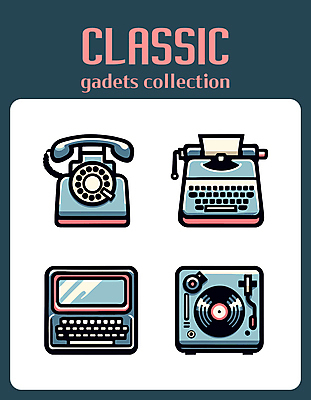 아이콘 사람없음 컴퓨터 레코드 빈티지 클래식 전화기 오브젝트 복고 청록색 타자기 턴테이블 레코드플레이어 2D아이콘 AI파일 컬러 컨셉 전자제품 골동품 음반 파일형식 벡터