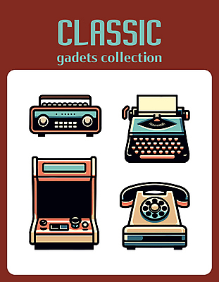 아이콘 사람없음 빨간색 빈티지 클래식 전화기 오브젝트 라디오 복고 타자기 오락기계 2D아이콘 AI파일 컬러 컨셉 전자제품 골동품 파일형식 벡터