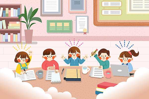 구름 여자 남자 화분 어린이 일러스트 교실 학교 탁자 회의 책장 알림판 대화 웃음 소녀 소년 여러명 상반신 책 노트북 학습 연필 펜 손들기 기록 토론 책상 스프링노트 어린이만 국내일러스트 AI파일 자연요소 교육 가구 다수 비즈니스 모션 학용품 표정 말하기 사람 전자제품 필기구 공책 파일형식 벡터