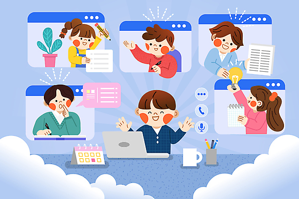 구름 여자 남자 어린이 일러스트 전구 아이디어 이야기 대화 웃음 소녀 소년 여러명 상반신 성인 책 파란색 노트북 학습 토론 주기 문서 스프링노트 획득 온라인 인터넷창 채팅 언택트 국내일러스트 AI파일 자연요소 교육 컬러 다수 컨셉 인터넷 모션 표정 말하기 사람 전자제품 공책 파일형식 벡터