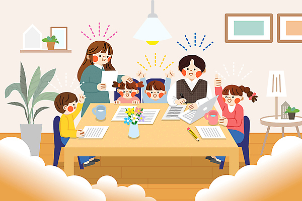 식물 구름 여자 남자 화분 어린이 액자 일러스트 가족 식탁 회의 전등 이야기 대화 웃음 앉기 소녀 소년 여러명 상반신 성인 노트북 학습 손들기 꽃병 토론 즐거움 문서 나무탁자 쓰다듬기 국내일러스트 AI파일 자연요소 교육 꽃 감정 다수 비즈니스 관계 모션 탁자 조명 표정 말하기 사람 전자제품 파일형식 벡터