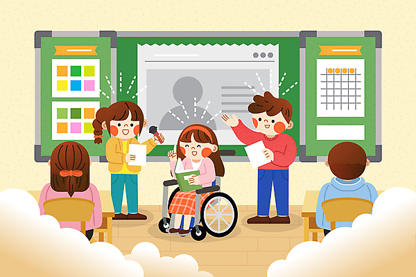 전신 구름 여자 남자 어린이 의자 일러스트 교실 회의 알림판 이야기 대화 미소 웃음 들기 앉기 소녀 소년 여러명 학습 칠판 발표 토론 장애인 책상 마이크 휠체어 어린이만 국내일러스트 AI파일 자연요소 교육 음향기기 가구 다수 비즈니스 학교 모션 표정 말하기 사람 장애 파일형식 벡터