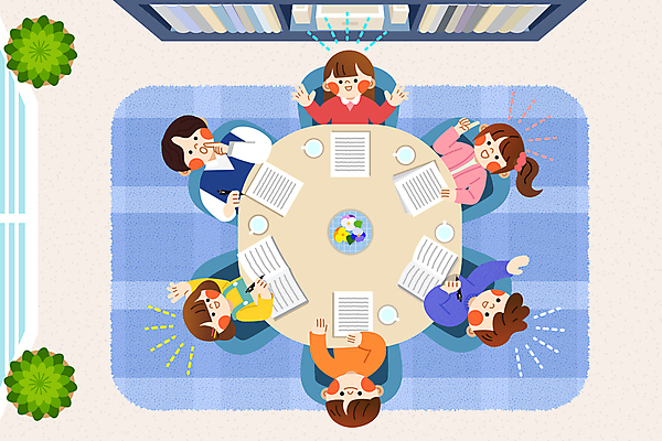 여자 남자 어린이 일러스트 회의 이야기 대화 웃음 소녀 소년 여러명 상반신 책 학습 토론 물컵 북카페 원형탁자 어린이만 스터디룸 국내일러스트 AI파일 교육 다수 비즈니스 탁자 표정 말하기 사람 컵 카페 파일형식 벡터