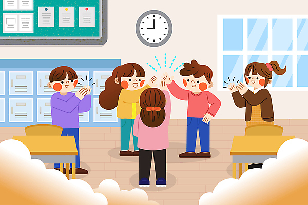 전신 구름 여자 남자 어린이 시계 일러스트 교실 회의 알림판 이야기 대화 웃음 소녀 소년 여러명 학습 손들기 토론 박수 사물함 책상 하이파이브 어린이만 국내일러스트 AI파일 자연요소 교육 가구 다수 비즈니스 학교 모션 표정 말하기 사람 손짓 파일형식 벡터