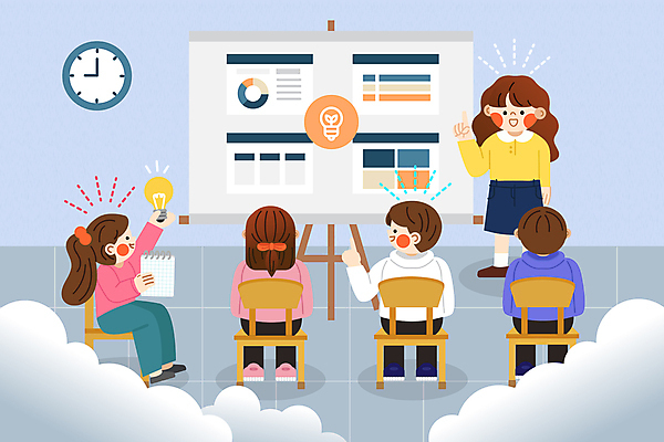 전신 구름 여자 남자 어린이 의자 일러스트 전구 회의 수업 이야기 대화 웃음 앉기 소녀 소년 여러명 성인 학습 손들기 자료 발표 토론 국내일러스트 AI파일 자연요소 교육 가구 다수 비즈니스 모션 표정 말하기 사람 파일형식 벡터