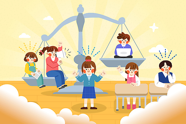 전신 구름 여자 남자 어린이 일러스트 회의 저울 이야기 대화 웃음 들기 앉기 소녀 소년 여러명 성인 빛 반짝임 학습 노란색 손들기 확성기 외침 발표 균형 토론 책상 고민 국내일러스트 AI파일 자연요소 교육 감정 컬러 가구 다수 비즈니스 모션 표정 말하기 사람 소리 파일형식 벡터