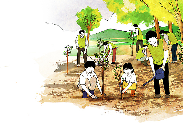 전신 PSD 나무 여자 남자 어린이 일러스트 자연 산 소녀 소년 여러명 성인 초록색 갈색 자연보호 흙 물뿌리개 봉사 식목일 에코 나무심기 기후변화 묘목 국내일러스트 식물 기념일 컬러 다수 날씨 사람 환경 도움 변화 보호 생태계 심기 파일형식