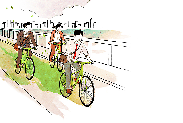 전신 PSD 공원 여자 남자 길 교통 이동 일러스트 난간 자연 정장 빌딩 성인 세명 초록색 운동 자연보호 환경 자전거 도시 에코 출퇴근 기후변화 성인만 국내일러스트 옷 공공시설 컬러 컨셉 비즈니스 날씨 건강 사람 건물 바이크 변화 보호 생태계 파일형식