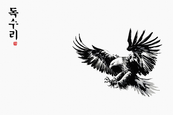 JPG 한마리 일러스트 붓터치 추상 흑백 수묵화 사람없음 도장 검은색 자유 비행 동양화 역동적 독수리 날갯짓 국내일러스트 AI일러스트 AI콘텐츠 1 컬러 컨셉 무늬 조류 촬영기법 미술 파일형식