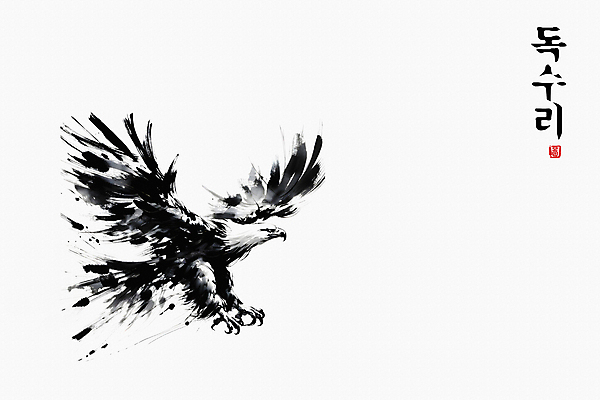 JPG 한마리 일러스트 붓터치 추상 흑백 수묵화 사람없음 도장 검은색 자유 비행 동양화 역동적 독수리 날갯짓 국내일러스트 AI일러스트 AI콘텐츠 1 컬러 컨셉 무늬 조류 촬영기법 미술 파일형식