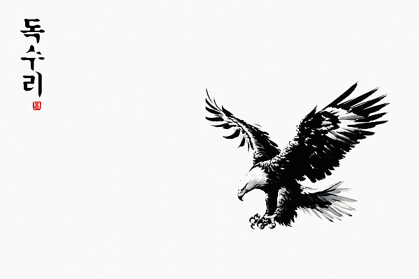 JPG 한마리 일러스트 붓터치 추상 흑백 수묵화 사람없음 도장 검은색 자유 비행 동양화 역동적 독수리 날갯짓 국내일러스트 AI일러스트 AI콘텐츠 1 컬러 컨셉 무늬 조류 촬영기법 미술 파일형식