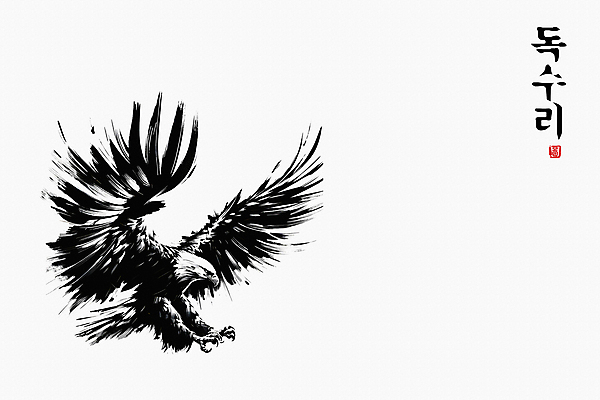 JPG 한마리 일러스트 붓터치 추상 흑백 수묵화 사람없음 도장 검은색 자유 비행 동양화 역동적 독수리 날갯짓 국내일러스트 AI일러스트 AI콘텐츠 1 컬러 컨셉 무늬 조류 촬영기법 미술 파일형식