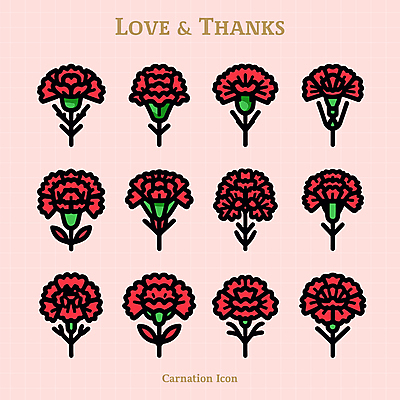 아이콘 기념일 사람없음 빨간색 세트 어버이날 카네이션 감사 2D아이콘 AI파일 꽃 감정 컬러 이벤트 파일형식 벡터