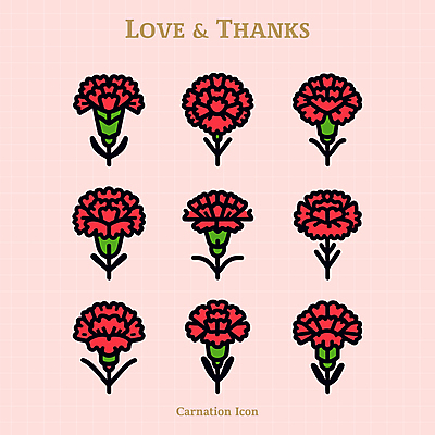 아이콘 기념일 사람없음 빨간색 세트 어버이날 카네이션 감사 2D아이콘 AI파일 꽃 감정 컬러 이벤트 파일형식 벡터